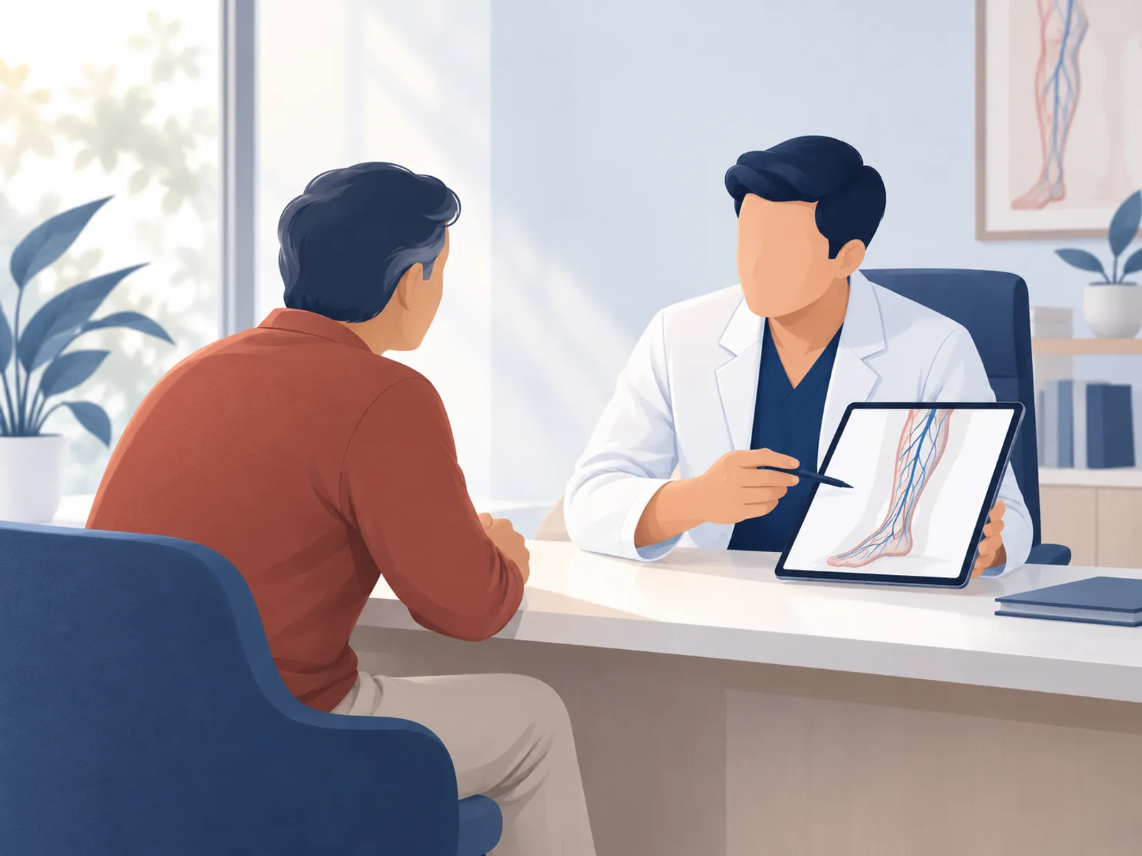 Illustration of a specialist explaining a leg vein diagram to a patient