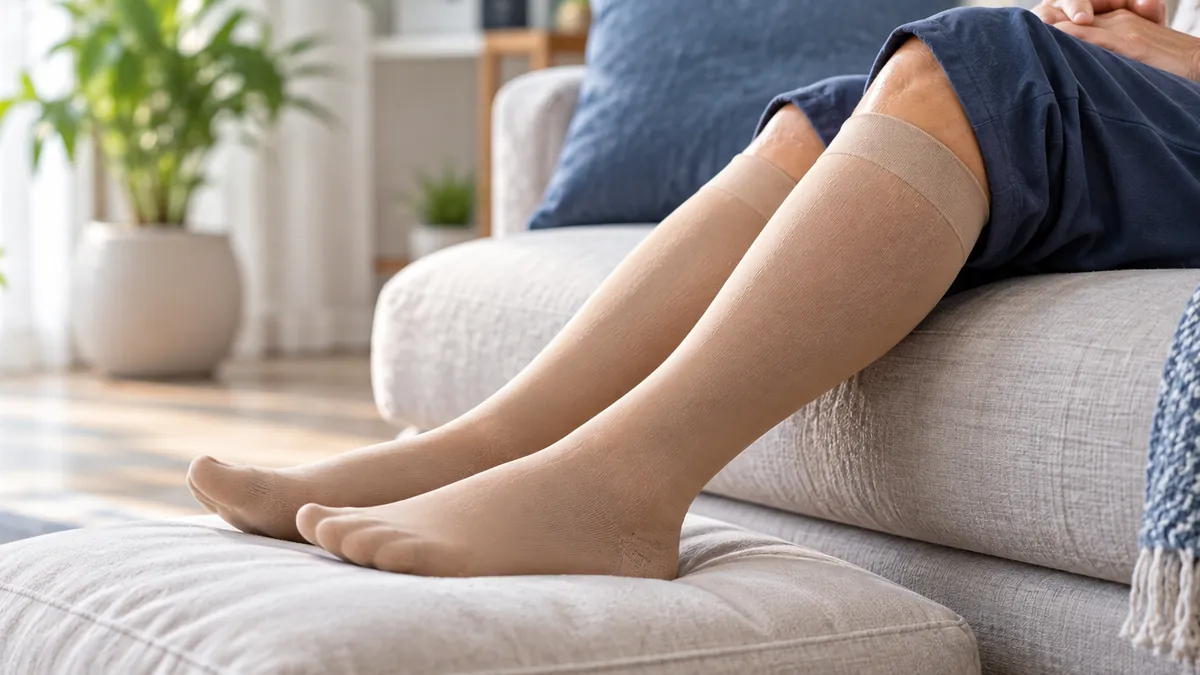 Legs in knee-length compression stockings resting on a footstool