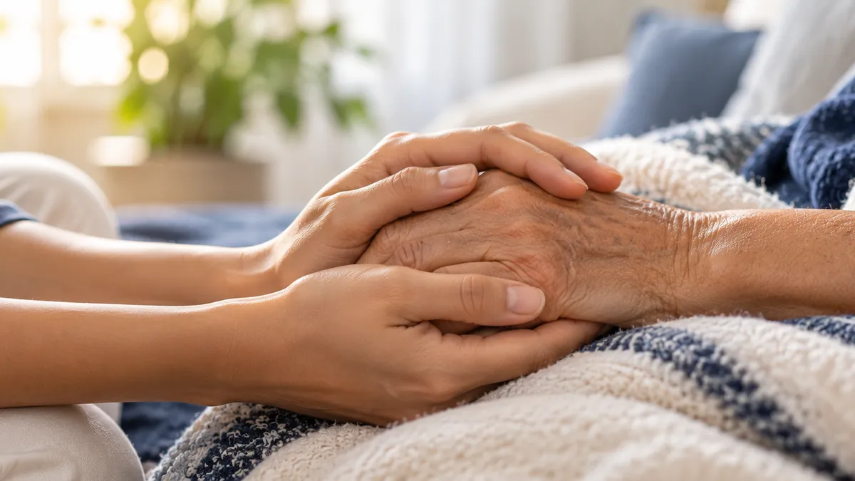 One person gently holding an older person's hand in both of theirs