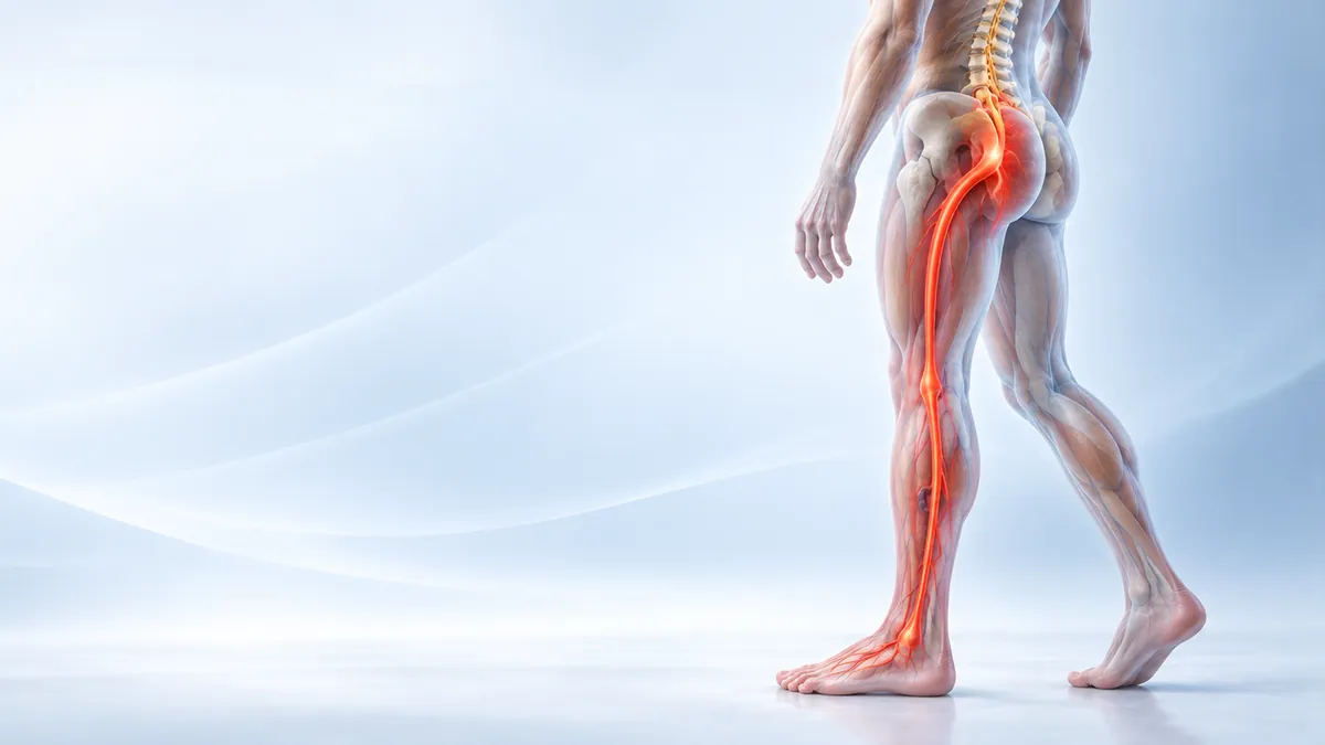 Illustration of the sciatic nerve highlighted in red from the lower back down one leg