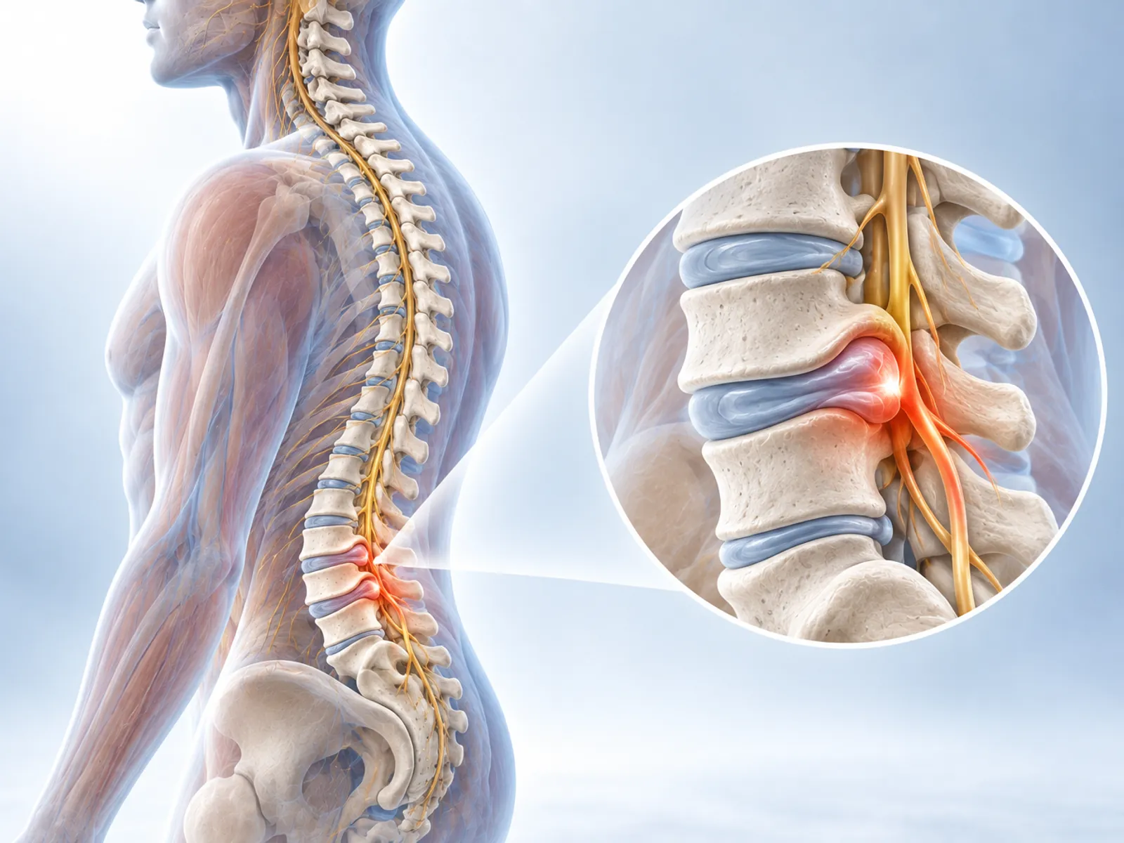 Illustration of the spine with a close-up of a bulging disc pressing on a nerve root