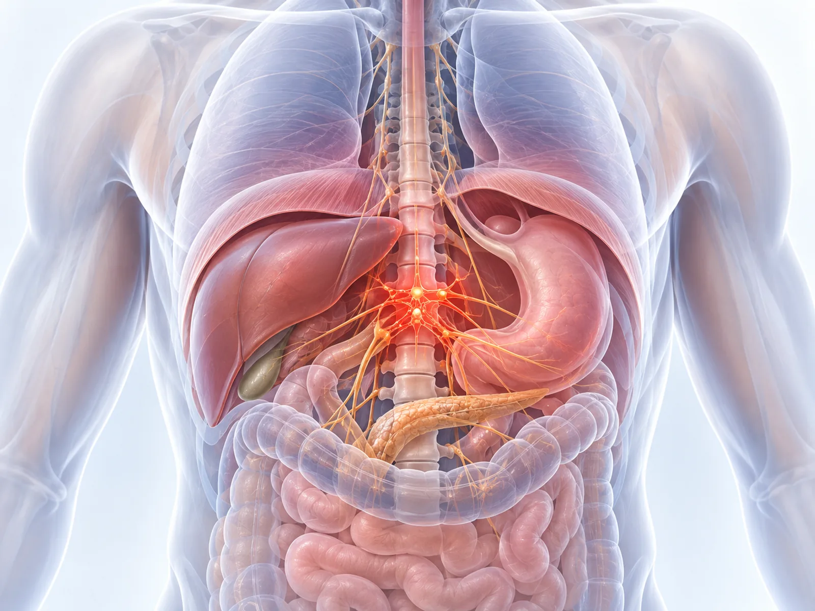 Anatomical illustration of the upper abdomen with the coeliac plexus, the bundle of nerves near the pancreas, highlighted
