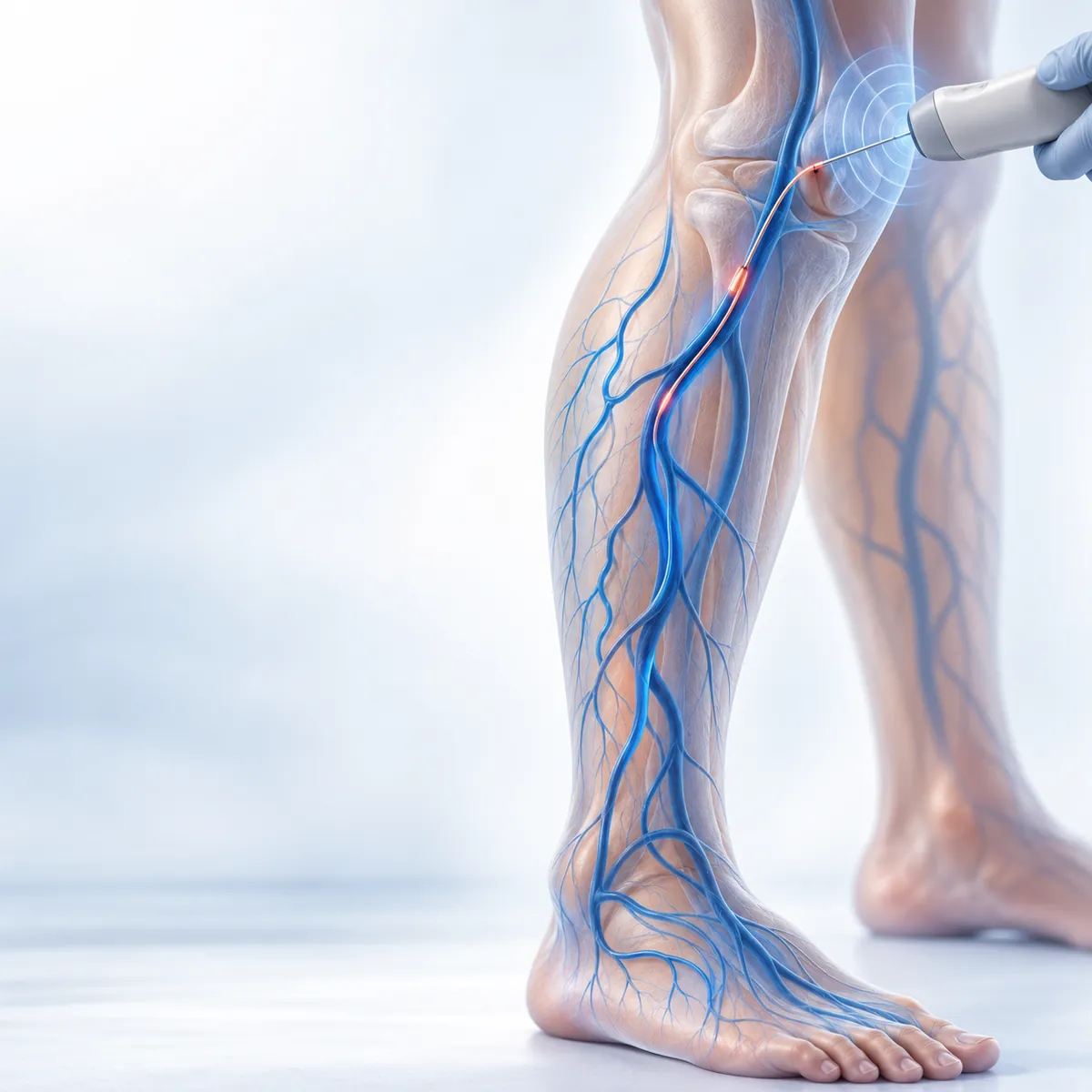 Illustration of the veins of the lower leg, with a thin catheter guided into a vein using an ultrasound probe